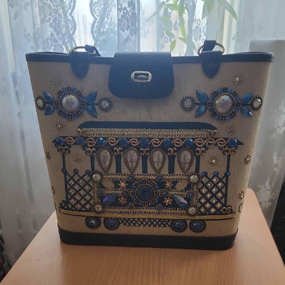 Elegant Embellished Tote Bag in Blue and Black